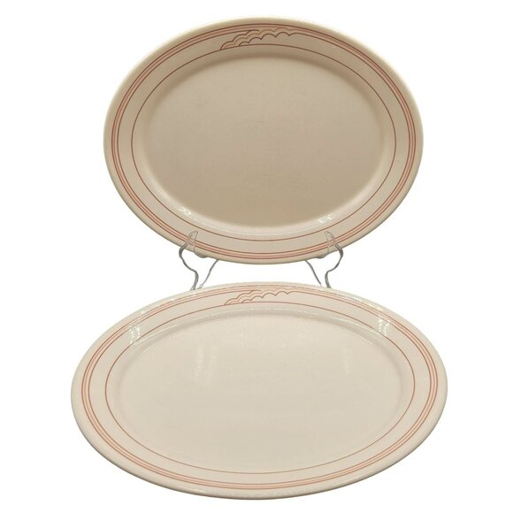 Corning Cumulus Oval Serving Platters Thin Red Beige Line Retro 12 Inch Set of 2 - Picture 1 of 4